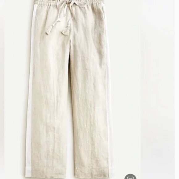 J.Crew Beige with White Stripe Pull on Draw String Linen Pants  with pockets - Picture 1 of 10